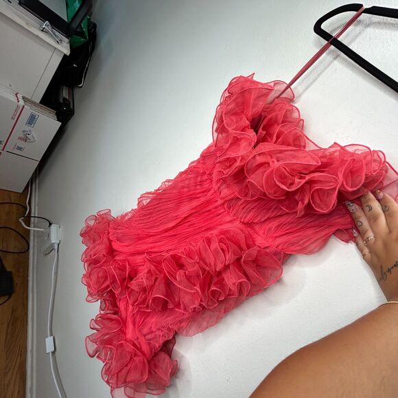 ASOS Design Red Bodycon Ruffle Mesh Bandeau Neck Strapless Mini Dress 4 - Picture 8 of 13